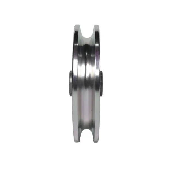 A close-up side view of the 90mm Aluminium Pulley with a grooved edge against a white background, showcasing its shiny and reflective surface.