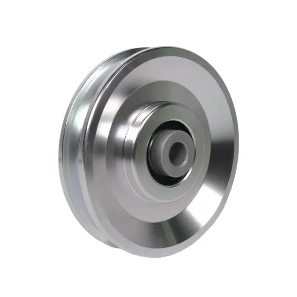 A close-up of the 90mm Aluminium Pulley reveals a shiny, smooth metallic surface with a central black component. Its circular with a slightly raised outer edge, ideal for transmitting motion in mechanical systems.