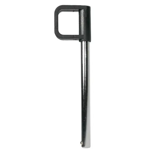 The Locking Pin 115mm D10mm features a smooth, silver metal pin with a square black plastic handle that includes a rectangular opening. The pin is cylindrical and has a small indent near the bottom.
