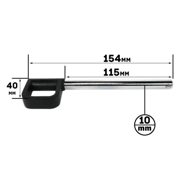 The Locking Pin 115mm D10mm is a metal tool measuring 154mm in length, with a square-shaped handle thats 40mm high and 115mm long, and it has a diameter of 10mm on the other end.