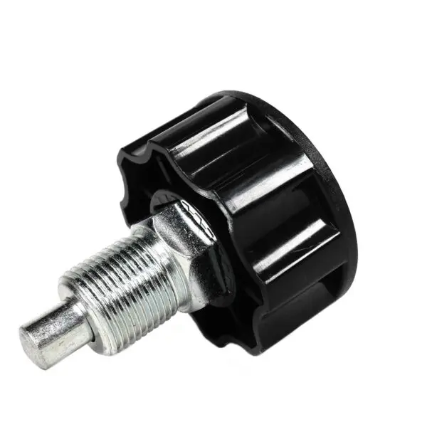 A close-up image of the Pop Pin M20 30mm SCREW shows a threaded metal knob with a textured black plastic cap, featuring a ribbed design for grip. The shiny metal reflects light, highlighting its texture and threading against a white background.