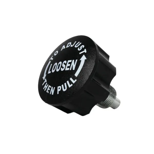 The Pop Pin M20 30mm SCREW is a black knob with directional arrows and the label TO ADJUST LOOSEN THEN PULL. It features a ridged edge and a threaded metal attachment.