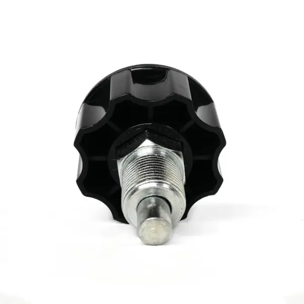 Close-up of a Pop Pin M20 30mm SCREW featuring a grooved black knob and a cylindrical metal threaded bolt, centered on a white background.