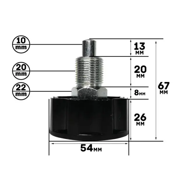 Close-up of a Pop Pin M20 30mm SCREW featuring a metal fastener with a black plastic base. Dimensions in millimeters: top-width 10, height above threads 13, thread width 22 and length 20, total height 67, base height 26, and base diameter 54.