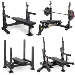 A collage of four gym bench setups, including a flat bench and an adjustable bench with a loaded barbell, captures the essence of a Bench Press Buyers Guide. The sleek designs feature black with white and red detailing, complemented by a sturdy squat rack and decline bench with safety bars.