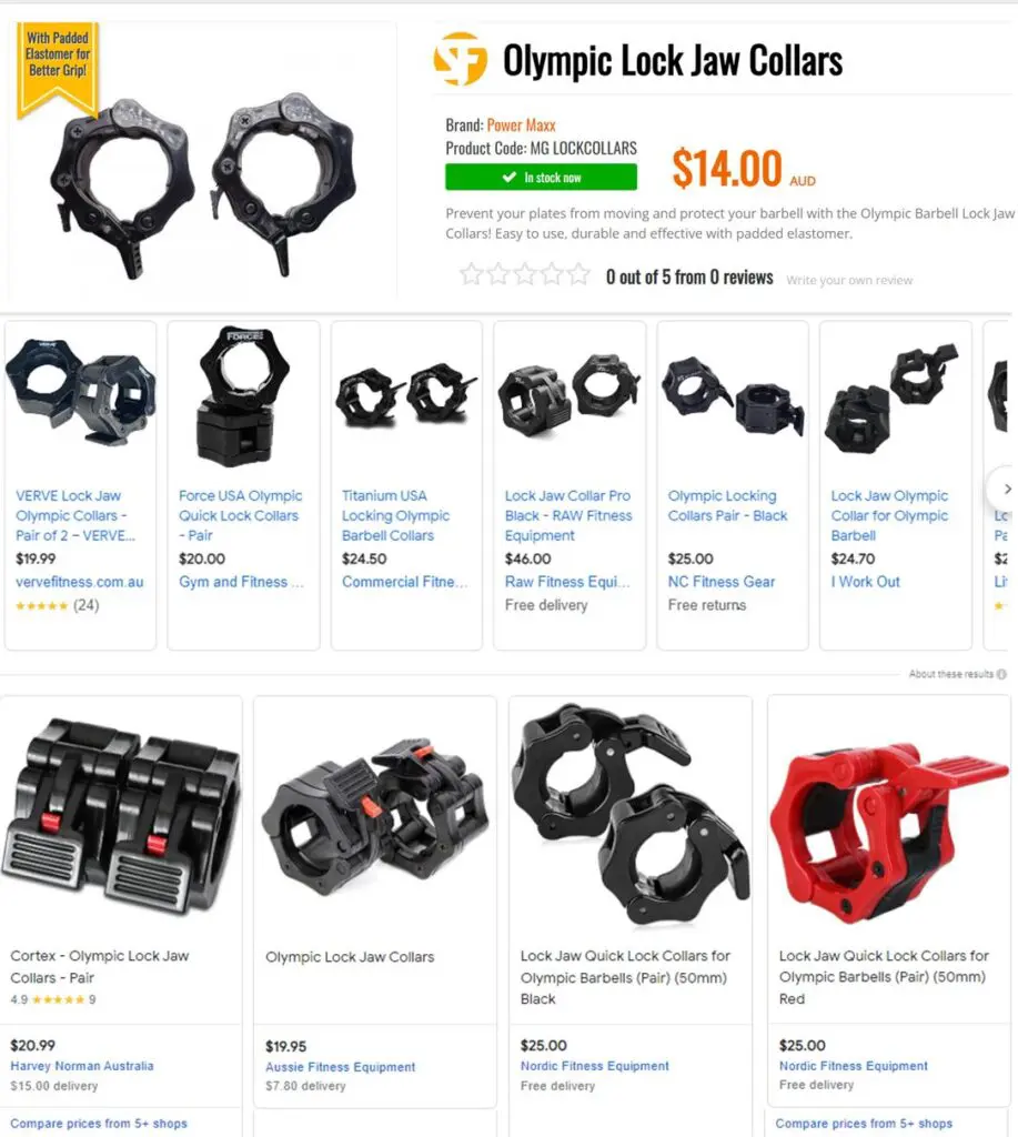 A product listing for Olympic Lock Jaw Collars, featuring multiple images of black and red weight collars with prices. The main item is priced at $14.00. Various brands and styles are shown in smaller images below.