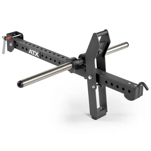 The ATX® Belt Squat Option is a black and silver barbell landmine attachment featuring a rectangular base, vertical and horizontal handles, multiple adjustment holes, and the ATX logo on its side.