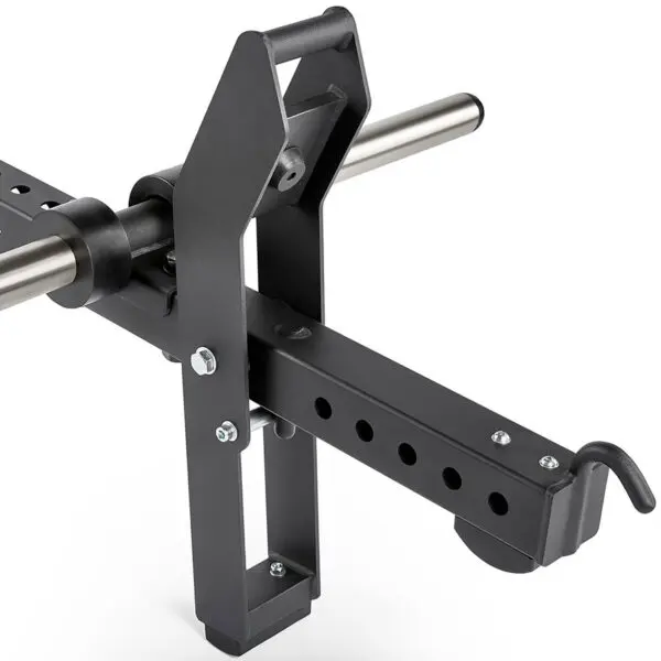 Close-up of the ATX® Belt Squat Option, featuring a black barbell holder with a metal handle, multiple adjustment holes, a sturdy structure, bolts, and a curved hook at the end.