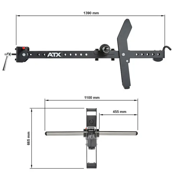 The ATX® Belt Squat Option is a black adjustable lever arm with dimensions: 1390 mm length, 685 mm height, and 1100 mm width. It includes a handle and various adjustment holes.