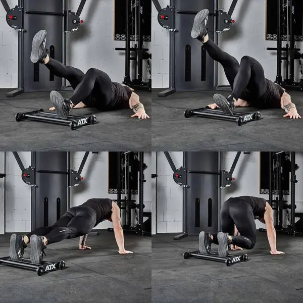 A person dressed in athletic wear demonstrates a range of exercises using an ATX® Glute Ham Roller. The image captures various positions and movements, such as balancing, stepping, and bending on a gym floor, with fitness equipment visible in the background.