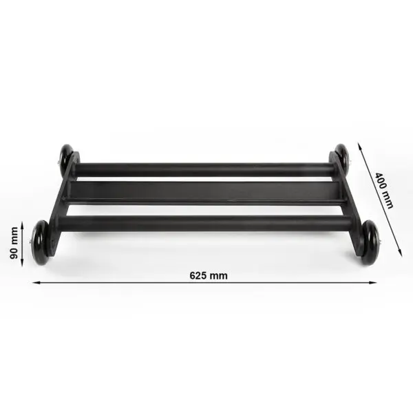 Introducing the ATX® Glute Ham Roller: a sleek, black metal trolley equipped with four wheels for optimal stability and ease of movement. This trolley is specifically designed as a core hamstring roller, featuring two horizontal bars for added support. It measures precisely 625 mm in length, 400 mm in width, and 90 mm in height.