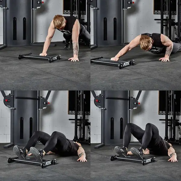 A person demonstrates an exercise using an ATX® Glute Ham Roller on a gym mat. The sequence shows them in a plank position, then lowering their body, followed by a lateral movement to one side, and finally engaging their core and legs.