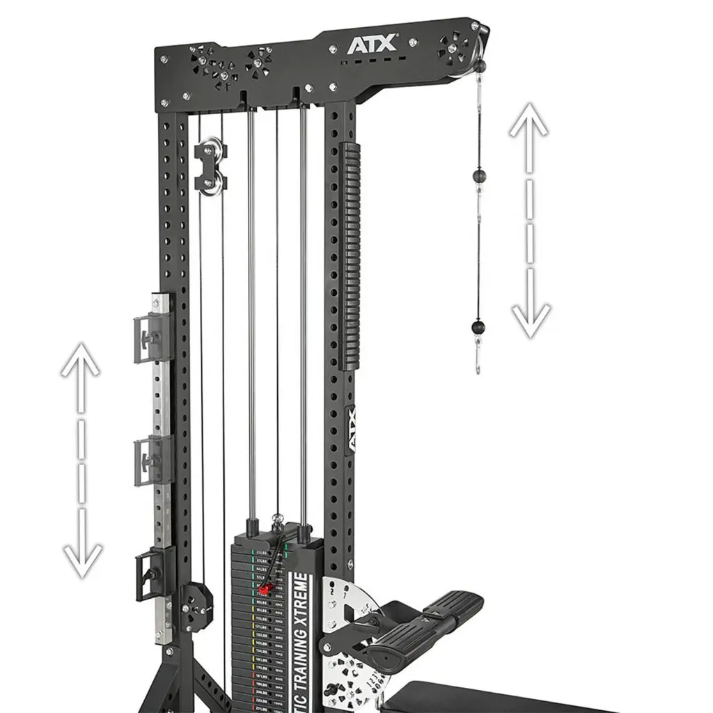A black cable machine with adjustable pulleys and weight stack, featuring a seated row attachment and movement arrows. Labeled ATX and Training Xtreme, it is called the ATX® Trinity Tower 135 kg.
