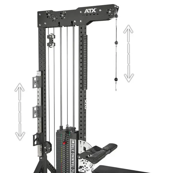 A black cable machine with adjustable pulleys and weight stack, featuring a seated row attachment and movement arrows. Labeled ATX and Training Xtreme, it is called the ATX® Trinity Tower 135 kg.
