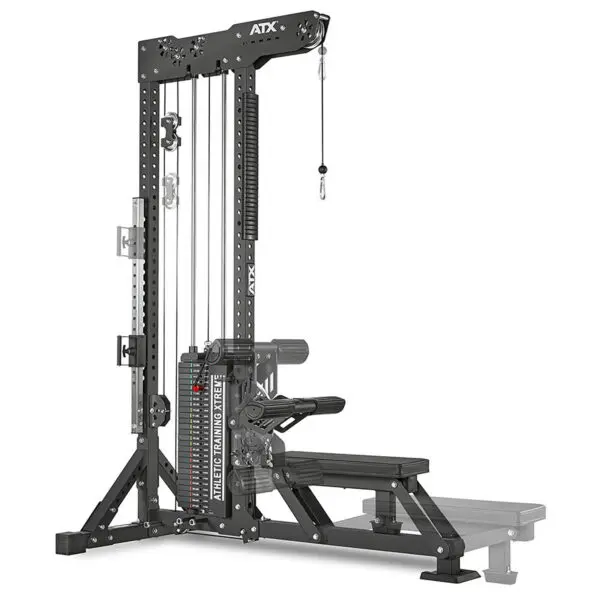 Image of the ATX® Trinity Tower 135 kg, a black cable machine for strength training. It features adjustable pulleys and includes a bench for seated exercises, carrying the ATX branding.