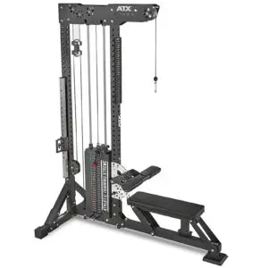 The ATX® Trinity Tower 135 kg is a multifunctional cable machine featuring seated row and lat pulldown setups, adjustable weight stacks, and a sturdy black frame.