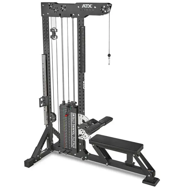 The ATX® Trinity Tower 135 kg is a multifunctional cable machine featuring seated row and lat pulldown setups, adjustable weight stacks, and a sturdy black frame.