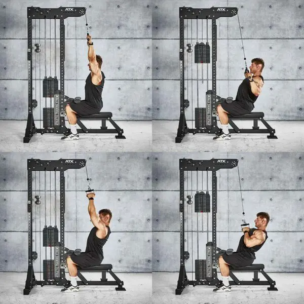 A man exercises using the ATX® Trinity Tower 135 kg for seated lat pulldowns. He wears a black tank top, black shorts, and white sneakers, shown in various exercise stages within a gym setting.
