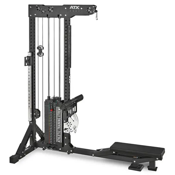 The ATX® Trinity Tower 135 kg is a black cable pulley machine with an adjustable weight stack and steel frame. It features multiple attachments for strength training, boasting a sleek design ideal for home or gym use.