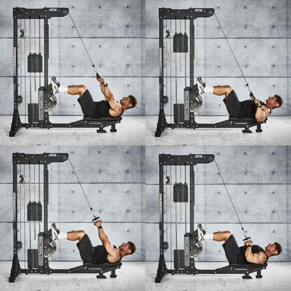 A person demonstrates a cable crunch exercise using the ATX® Trinity Tower 135 kg in four sequential images. Lying back on a gray concrete floor, they grip the cable handle and contract their abs to pull it down.