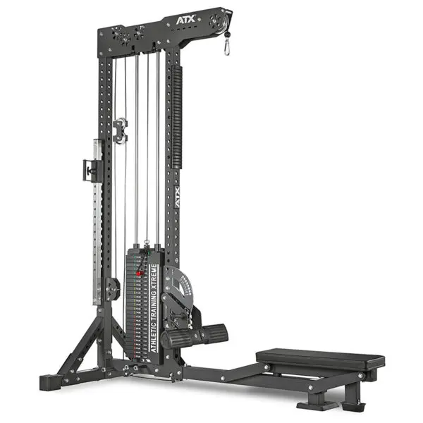 The ATX® Trinity Tower 135 kg is a black gym cable pulley machine with adjustable weights and a seated row bench, featuring pulleys, handles, and a weight stack for versatile strength training exercises.