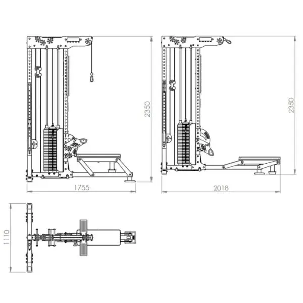 Front, side, and top technical drawings of the ATX® Trinity Tower 135 kg cable crossover gym machine display dimensions: height is 2350 mm, width is 1755 mm, depth is 2018 mm overall with a top view depth of 1110 mm.