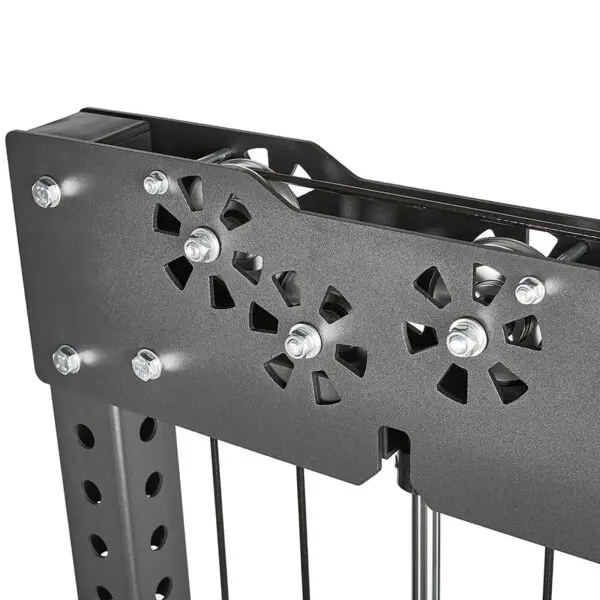 Close-up of the ATX® Trinity Tower 135 kg, showcasing a black metal weight stack pulley system with cables and pulleys inside a reinforced rectangular frame with bolts and geometric cutouts.