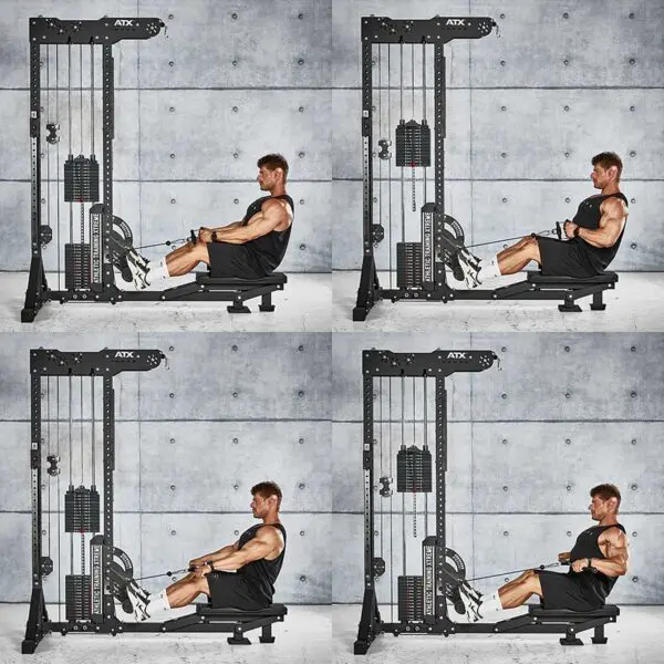 A person in athletic clothing uses the ATX® Trinity Tower 135 kg for a seated cable row against a concrete wall, showcasing four stages of the rowing motion from start to finish.