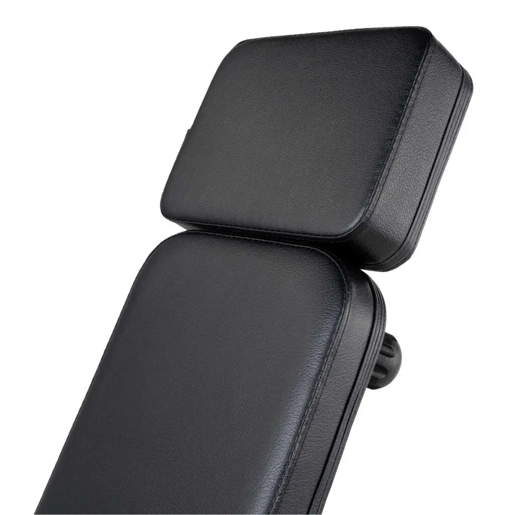 The Ironmaster Head Extension SB showcases a smooth, black leather headrest and backrest for comfort and support, featuring adjustable knobs.