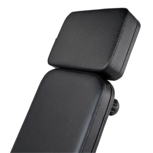 The Ironmaster Head Extension SB showcases a smooth, black leather headrest and backrest for comfort and support, featuring adjustable knobs.