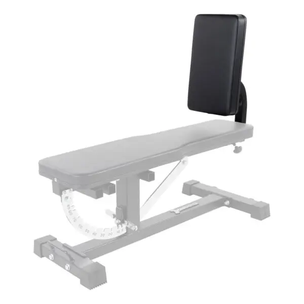 The Ironmaster Seated Press Pad SB is an adjustable weight bench with a padded black backrest and seat. It includes a protractor-like mechanism for angle adjustments, showcasing the adjustable backrest feature as a partially transparent focus point.