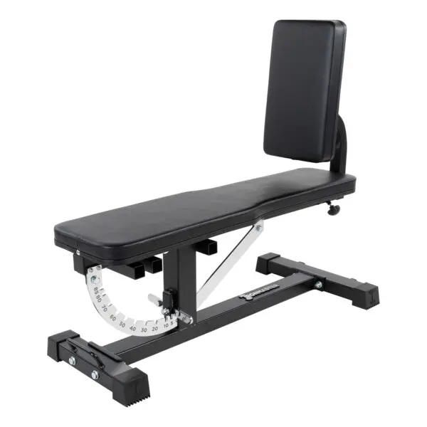 The Ironmaster Seated Press Pad SB is an adjustable weight bench featuring a black padded seat and backrest, metal support frame, and gear-like system for angle adjustments.