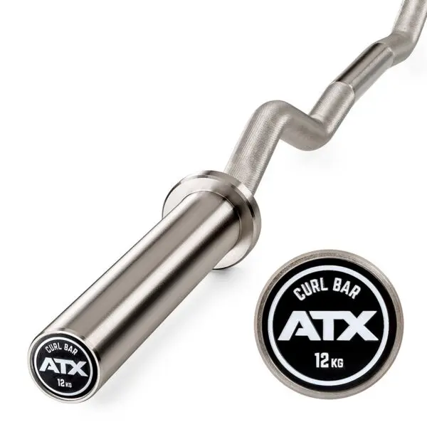 Close-up of the ATX® PRO Ez Curl Bar, made for weightlifting. It features knurled grips, a sleek polished finish, an end cap with the ATX logo and indicates a weight of 12 kg.