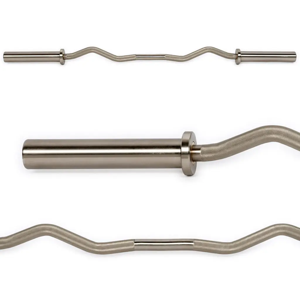 The ATX® PRO Ez Curl Bar features a wavy grip design in metal. Its showcased in three angles: full top view, close-up of the grip section, and side view highlighting one end with the sleeve.