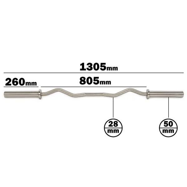 The ATX® PRO Ez Curl Bar is silver, 1305mm long, with an 805mm central grip area. It features 260mm outer sections, a 28mm grip diameter, and 50mm end sleeves.