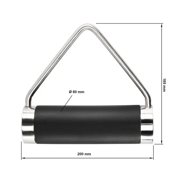 The ATX® Fat Grip Handle is a gym attachment made of stainless steel and black rubber featuring a single D-handle with dimensions: 200 mm in length, 185 mm in height, and a handle diameter of 60 mm.
