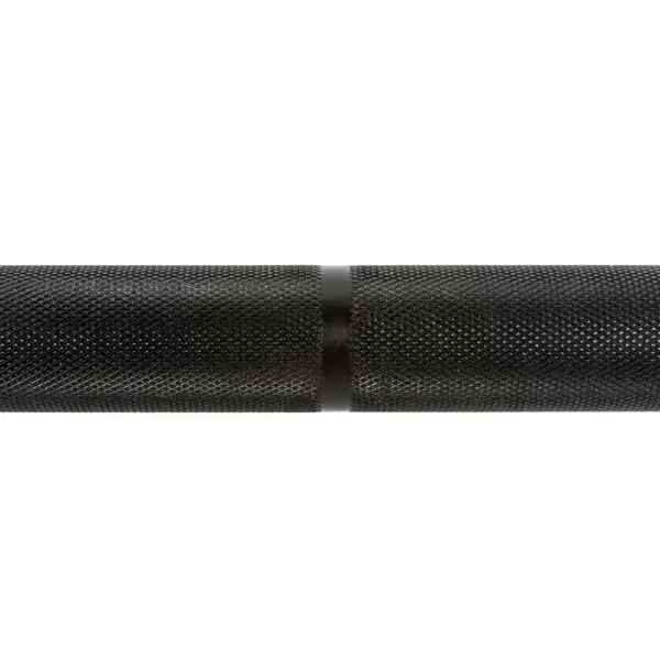 Close-up of a black textured ATX® Special Deadlift Bar 230cm with knurling and a subtle central smooth section, designed for optimal grip on fitness equipment like barbells.
