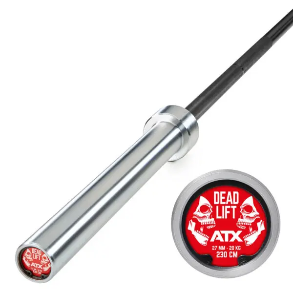 A close-up of the ATX® Special Deadlift Bar 230cm shows its metal sleeve. The end cap displays a red skull with DEAD LIFT, ATX, and 27 MM - 20 KG, 230 CM in white text.