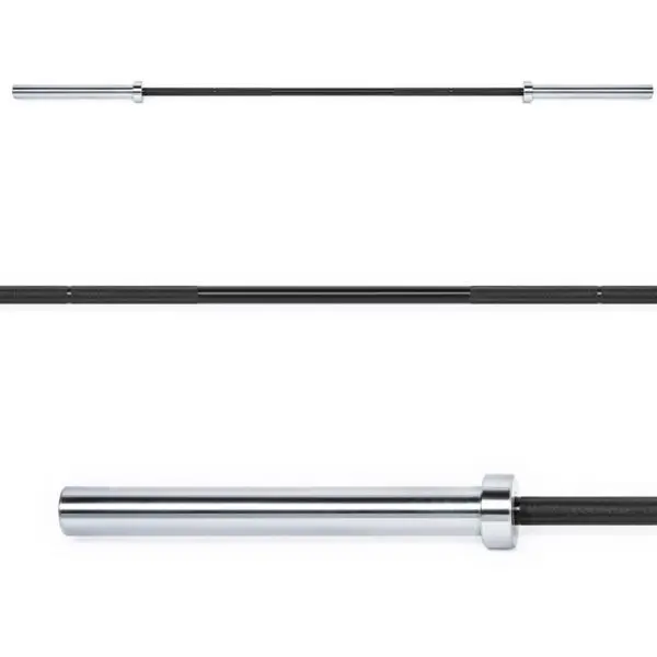 The ATX® Special Deadlift Bar 230cm is displayed from three angles: a side view showcasing its length, a close-up highlighting the textured grip, and a detailed view of the shiny collar and sleeve.