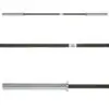 The image showcases the ATX® Ram Powerlifting Bar II IPF in black steel with three views. It features knurled grips, chrome sleeves at both ends, and a central smooth section, designed for weightlifting exercises.