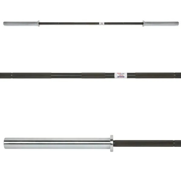 The image showcases the ATX® Ram Powerlifting Bar II IPF in black steel with three views. It features knurled grips, chrome sleeves at both ends, and a central smooth section, designed for weightlifting exercises.