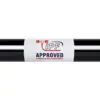 The ATX® Ram Powerlifting Bar II IPF features a black barbell with a white label displaying the IPF logo and a red weightlifting motif. Text on the label reads APPROVED POWERLIFTING EQUIPMENT in red and blue.