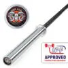An image shows a silver barbell featuring the ATX® Ram Powerlifting Bar II logo with a detailed ram head on the end cap. A badge in red and blue indicates IPF Approved Powerlifting Equipment in the corner.