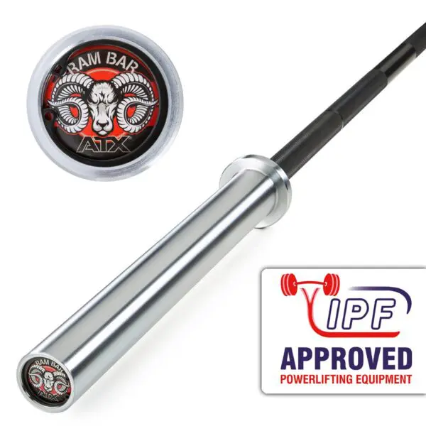 An image shows a silver barbell featuring the ATX® Ram Powerlifting Bar II logo with a detailed ram head on the end cap. A badge in red and blue indicates IPF Approved Powerlifting Equipment in the corner.