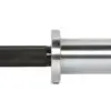 Close-up of the ATX® Ram Powerlifting Bar II IPFs metal sleeve and knurled grip, highlighting its sleek, shiny finish. The image captures the junction between the grip and sleeve for better handling.