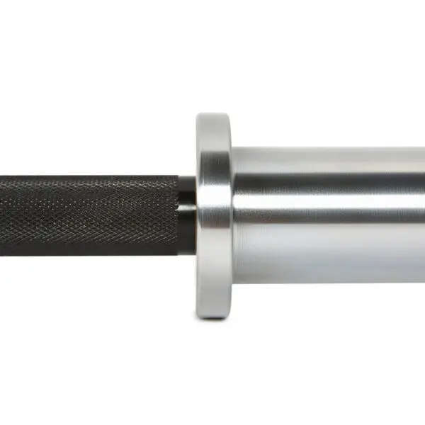 Close-up of the ATX® Ram Powerlifting Bar II IPFs metal sleeve and knurled grip, highlighting its sleek, shiny finish. The image captures the junction between the grip and sleeve for better handling.