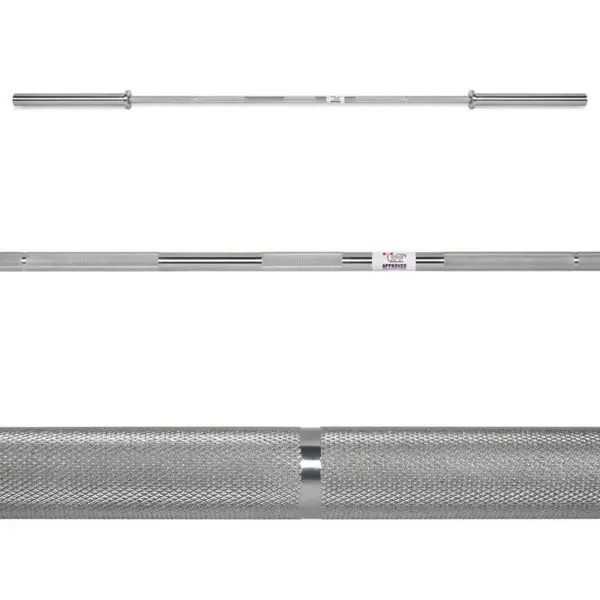 The ATX® Warrior Power Bar IPF, a long silver Olympic barbell with knurled grips, is displayed from multiple angles. It boasts a smooth metallic finish and is crafted for weightlifting.