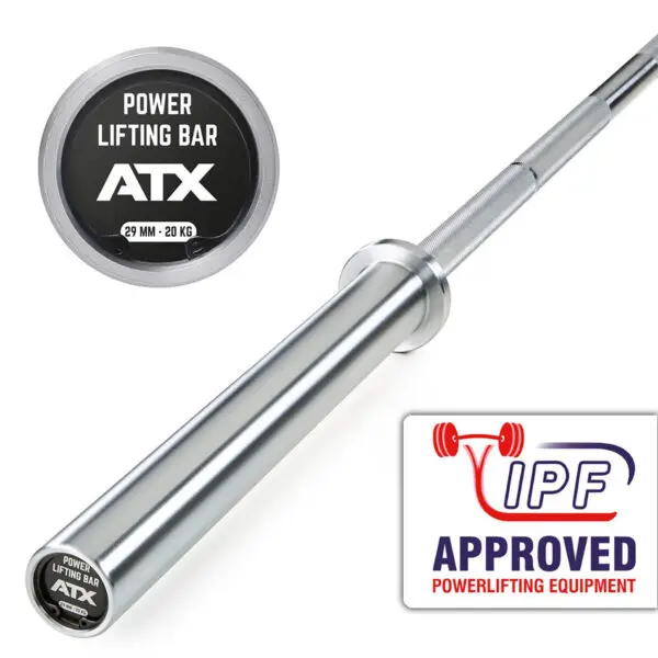Image of a silver powerlifting barbell labeled ATX® Warrior Power Bar IPF with specifications of 29 mm and 20 kg. The bottom right features a logo indicating IPF-approved powerlifting equipment.