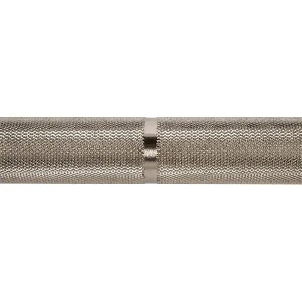 Close-up of the ATX® Training Weightlifting Bar, featuring a silver metal finish with a textured grip and a smooth central ring. The detailed knurling enhances grip for weightlifting.