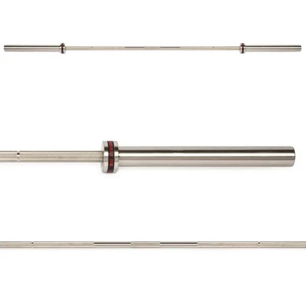Composite image of the ATX® Training Weightlifting Bar displays top, side, and bottom views. The spotlight on the detailed middle section reveals a ring with red and black accents. This straight, polished silver barbell is designed for weightlifting.